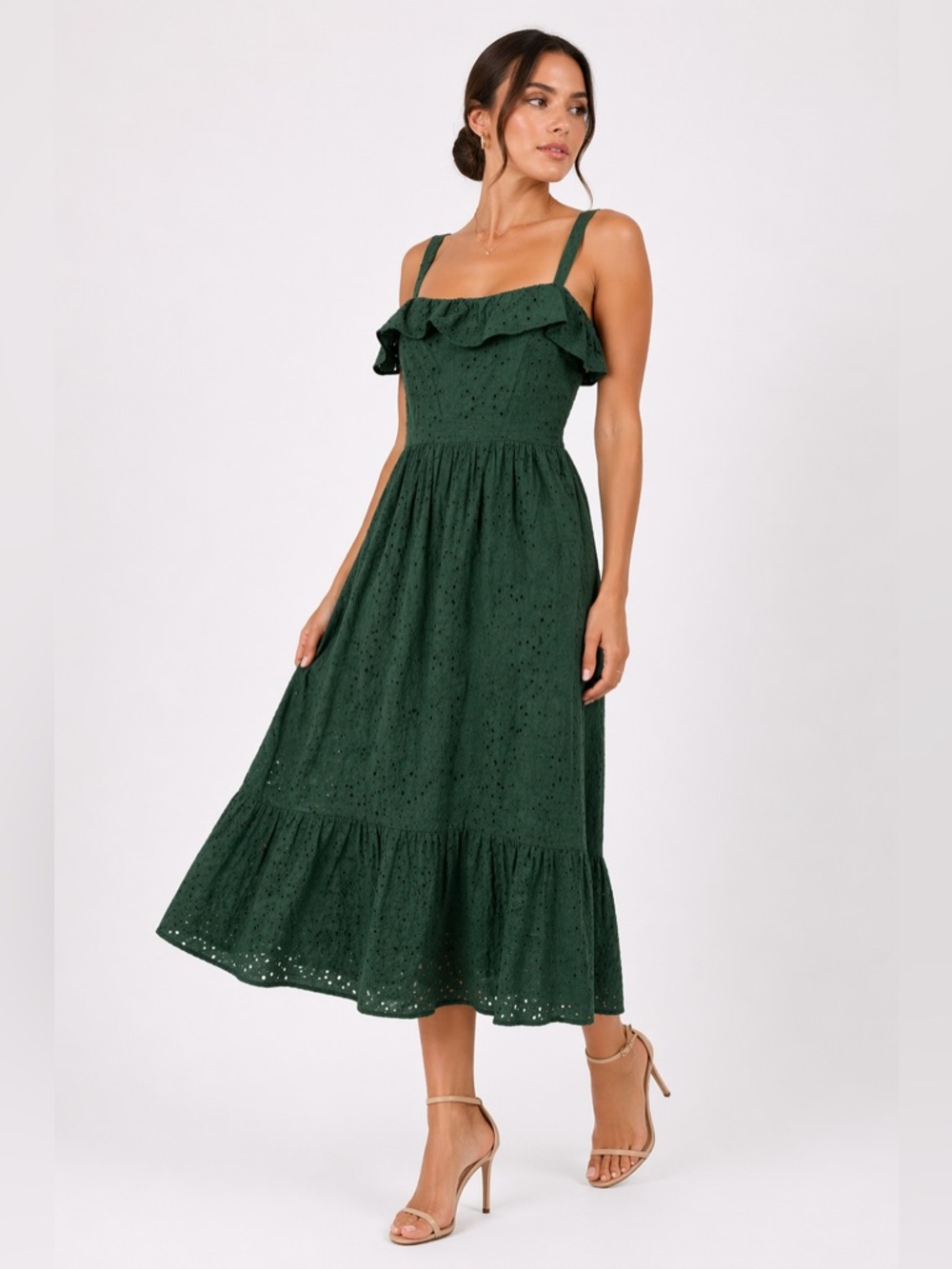 LOFT Green Eyelet Midi Dress 8 Ruffle Neck Romantic Fit & Flare Garden‎ Party